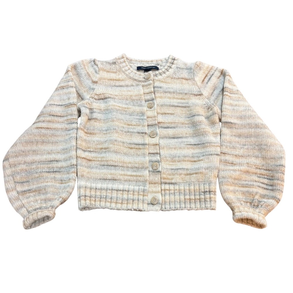 French Connection Womens Space Dye Puff Sleeve Knit Cardigan Sweater Neutral Med